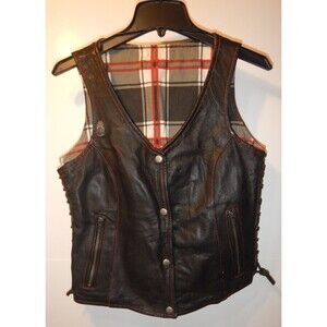 UNIK Lightweight Premium Leather Motorcycle Vest S Black Plaid Back Side Lace